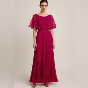 Vintage 70s Miss Elliette pleated chiffon maxi/midi dress dark fuschia pink. 12